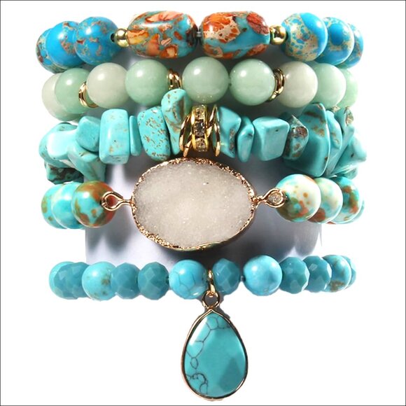 Natural Stone Beaded Stretch Bracelet Set Healing Crystal Gemstone Handmade